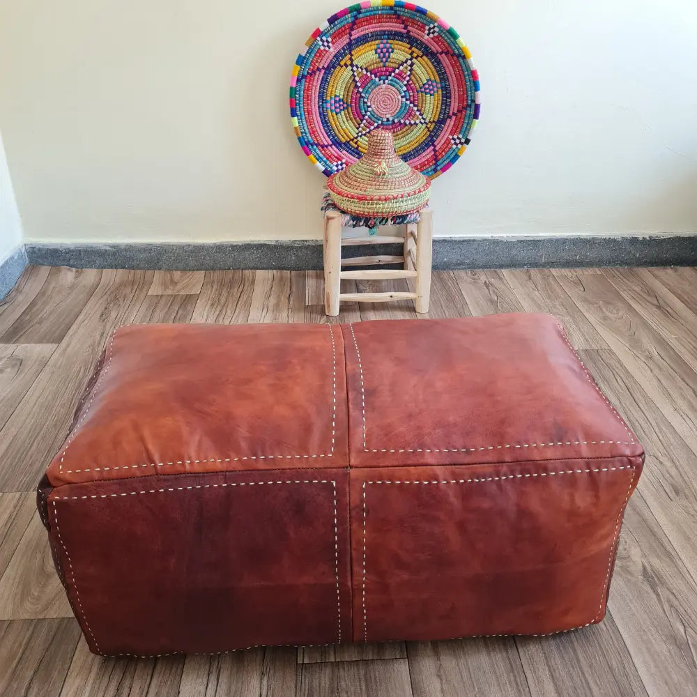 Rectangular Brown Moroccan Leather Pouf – Lounge Ottoman Bench