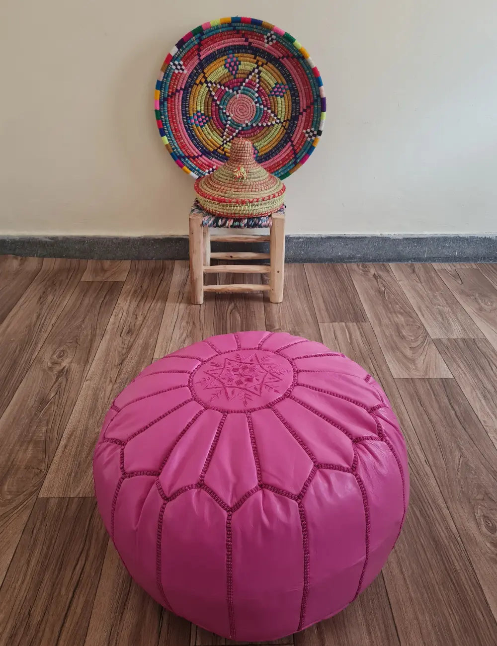 Pink Moroccan Leather Pouf – Feminine Boho Ottoman