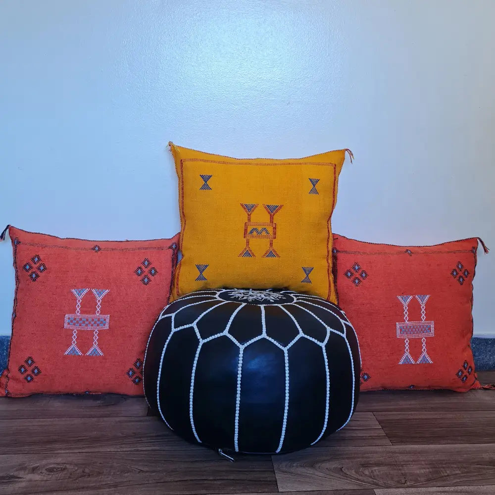 Set of 2 Deep Mustard Sabra Silk Pillows – Minimalist Moroccan Cushion Covers - Berber Handcrafts