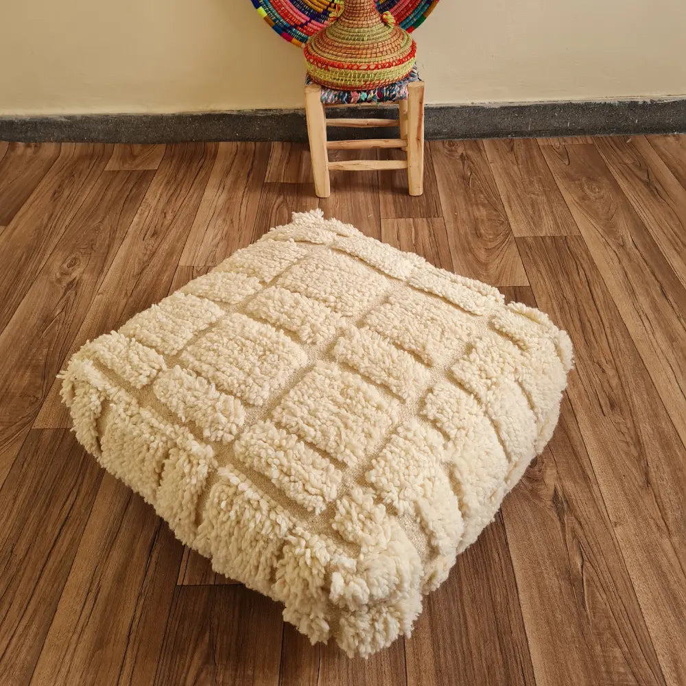 Moroccan Pouf – Cream with Subtle Raised Square Pattern