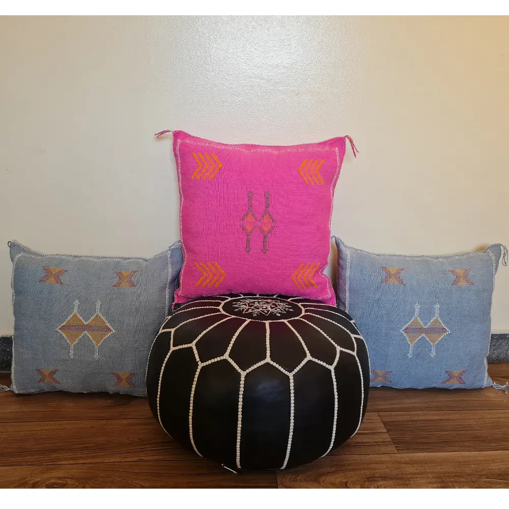 Set of 2 Fuchsia Pink Sabra Silk Pillows – Playful Moroccan Cushions with Yellow Arrows - Berber Handcrafts