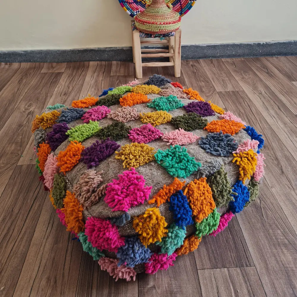 Colorful Moroccan Pom-Pom Pouf – Handmade Wool Floor Cushion