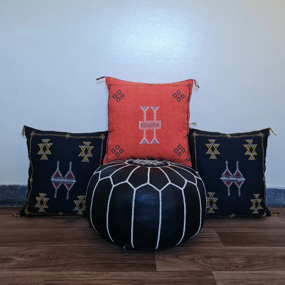 Set of 2 Orange Sabra Silk Pillows – Handmade Moroccan Covers with White Berber Embroidery - Berber Handcrafts