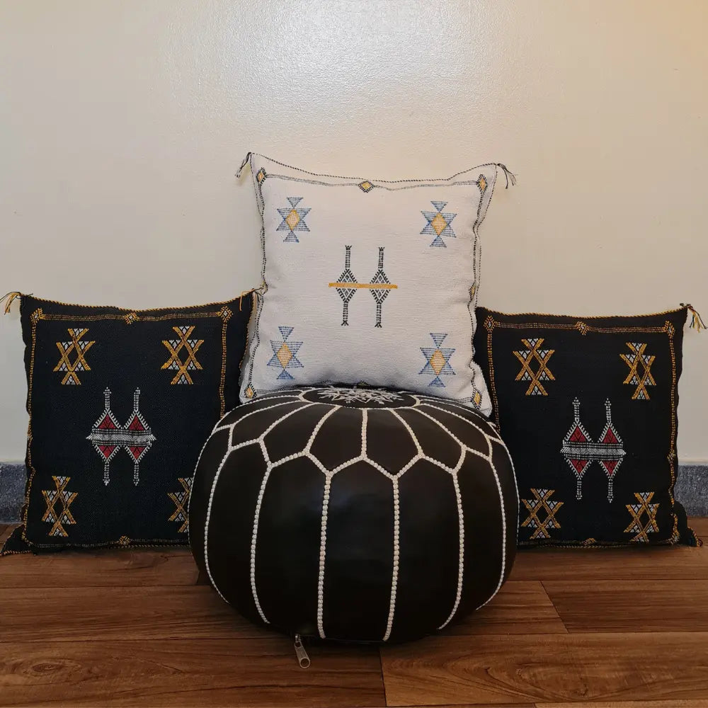 Set of 2 White Sabra Silk Pillows – Clean Moroccan Style with Yellow and Blue Symbols - Berber Handcrafts