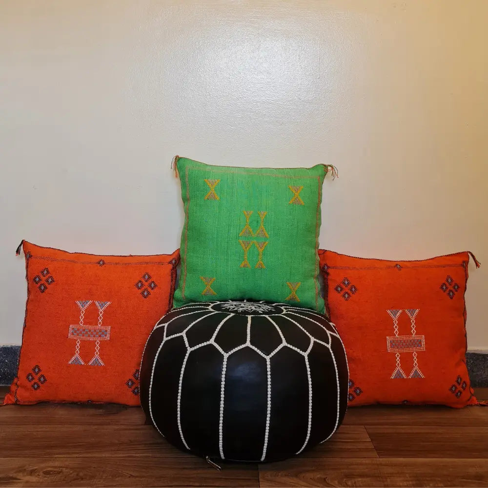 Set of 2 Green Sabra Silk Pillows – Refreshing Moroccan Cushions with Yellow Details - Berber Handcrafts