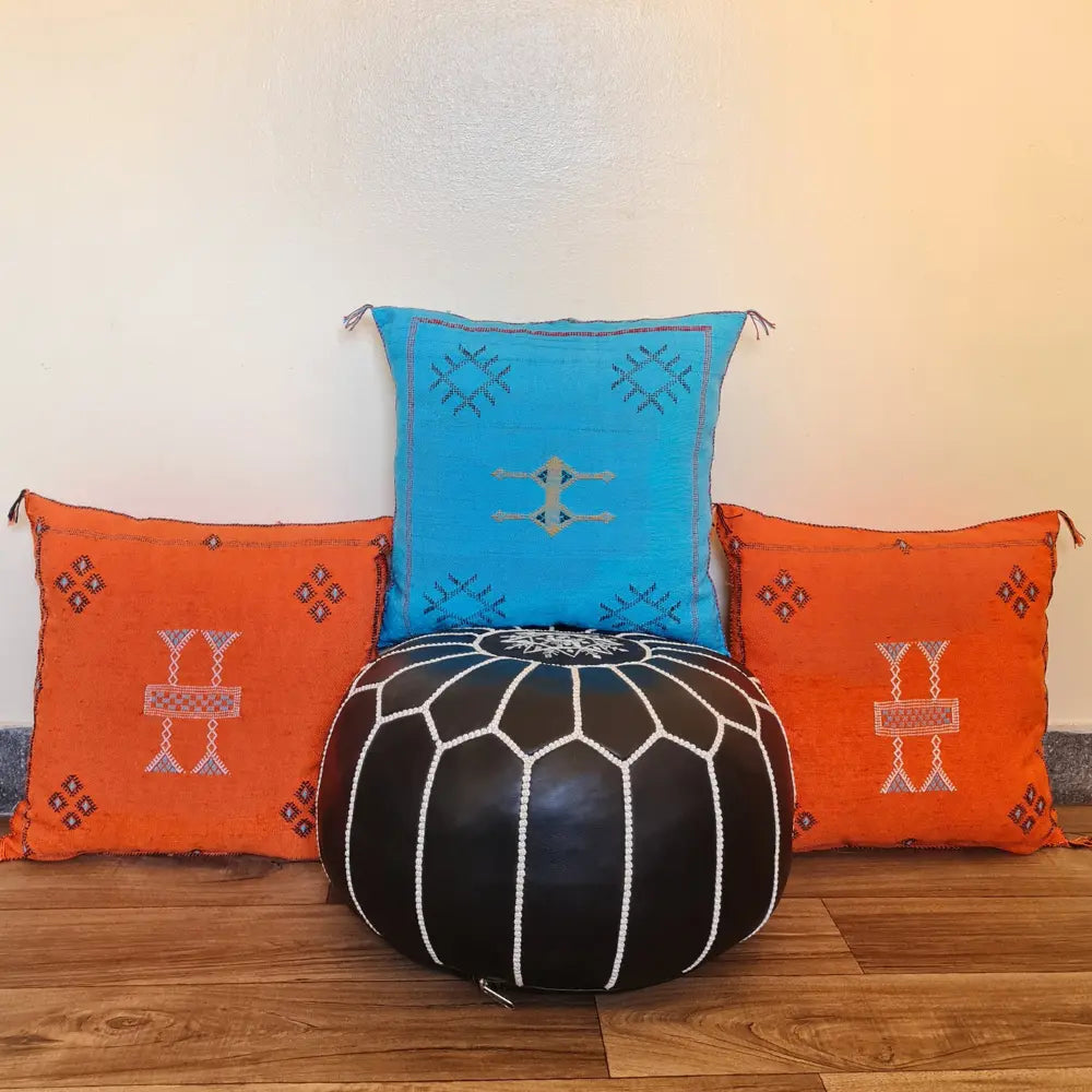 Set of 2 Turquoise Sabra Silk Pillows – Moroccan Handwoven Cushions with Blue Stitch Detailing - Berber Handcrafts