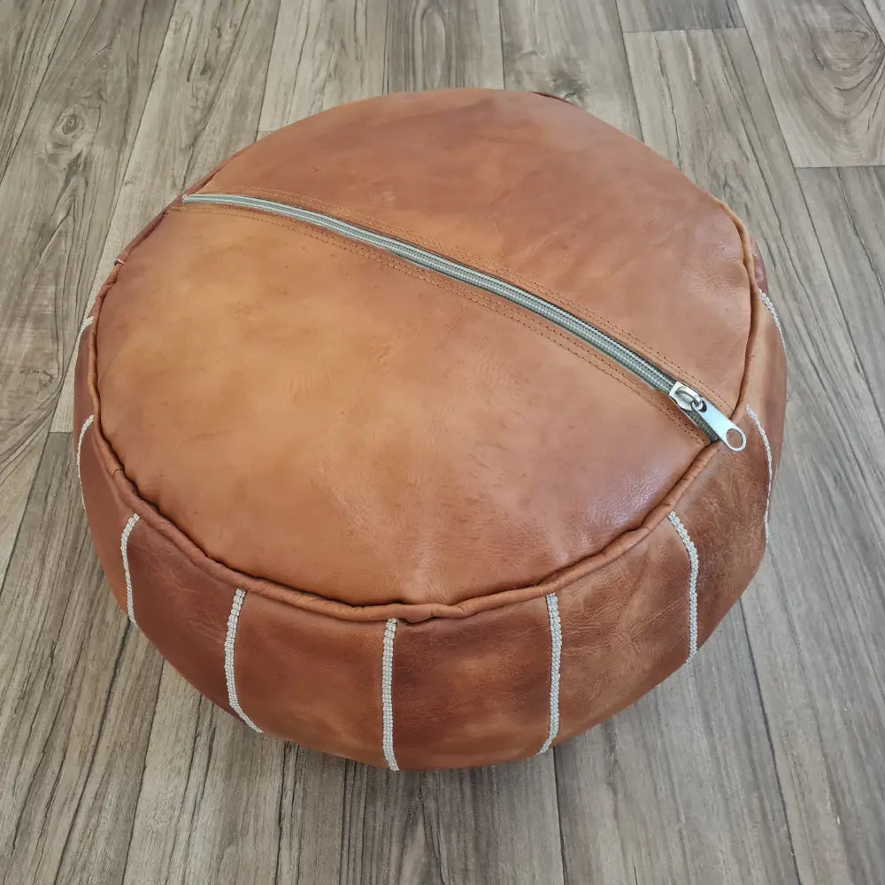 Burnt Orange Moroccan Leather Pouf – Floral Embroidery Accent