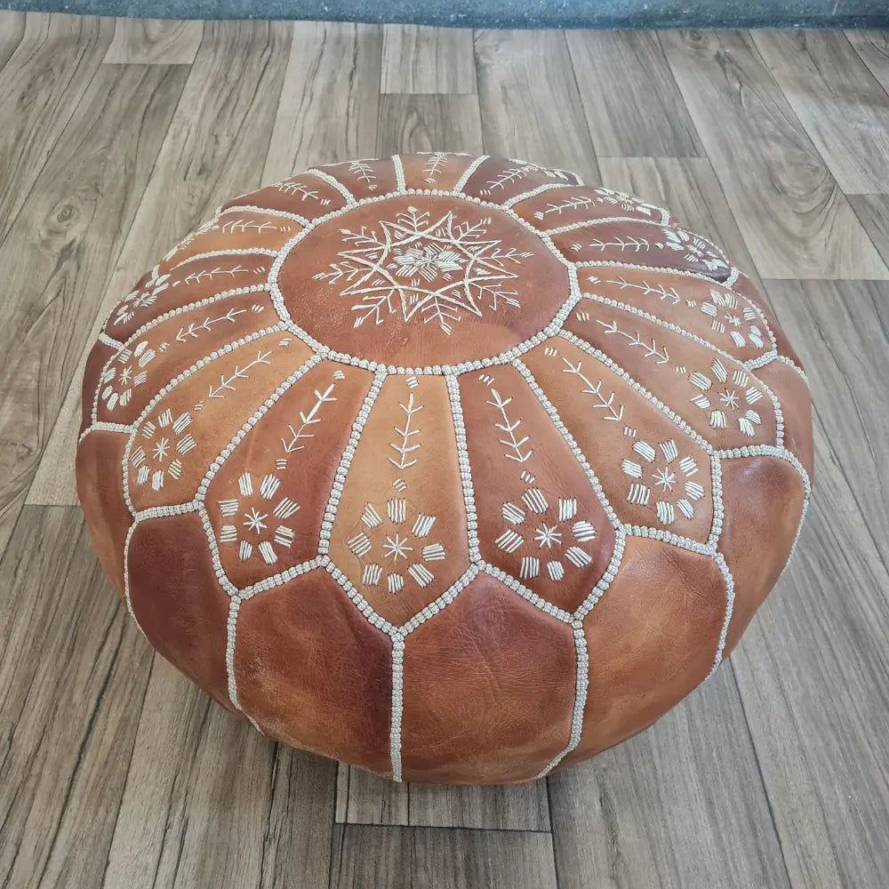 Burnt Orange Moroccan Leather Pouf – Floral Embroidery Accent
