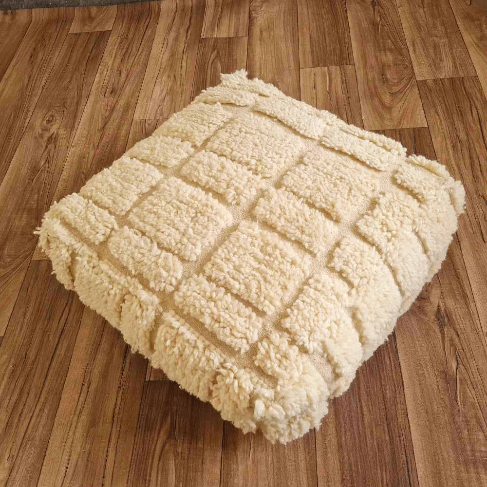Moroccan Pouf – Cream with Subtle Raised Square Pattern