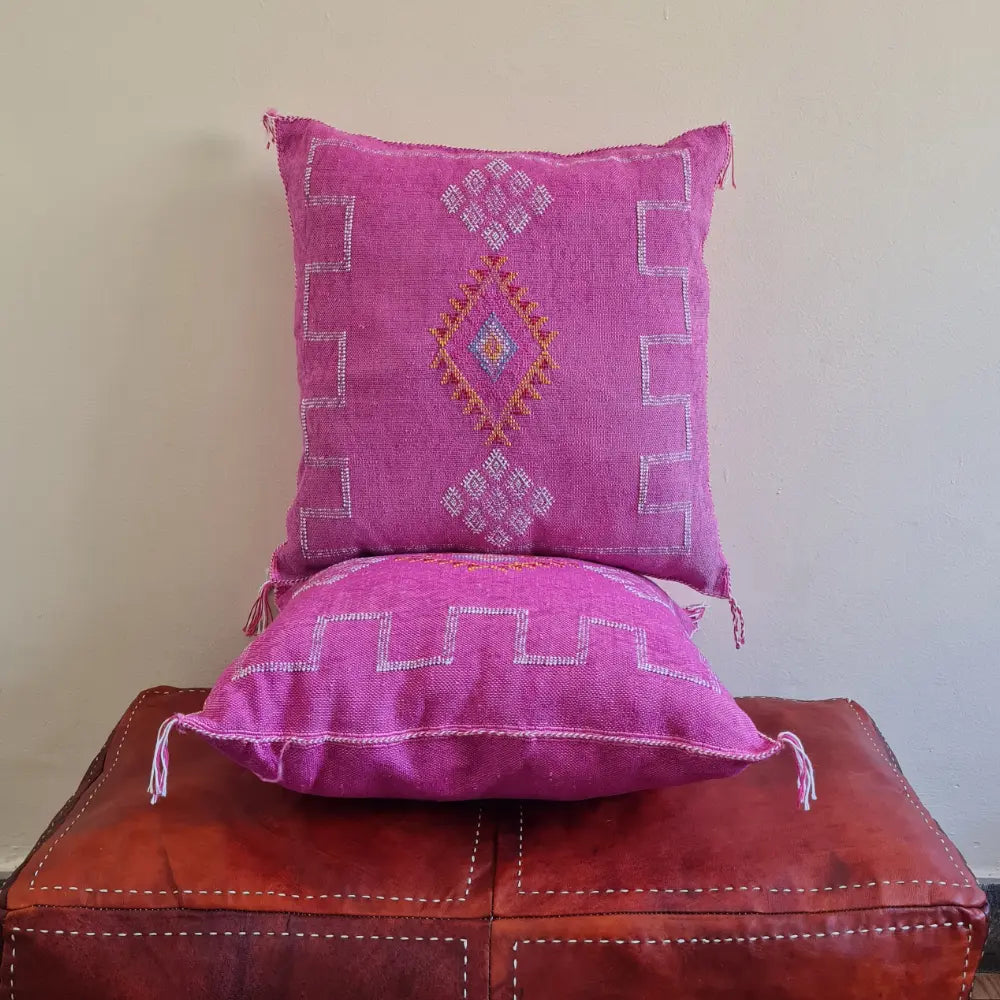 Set of 2 Fuchsia Pink Sabra Silk Pillows – Playful Moroccan Cushions - Berber Handcrafts