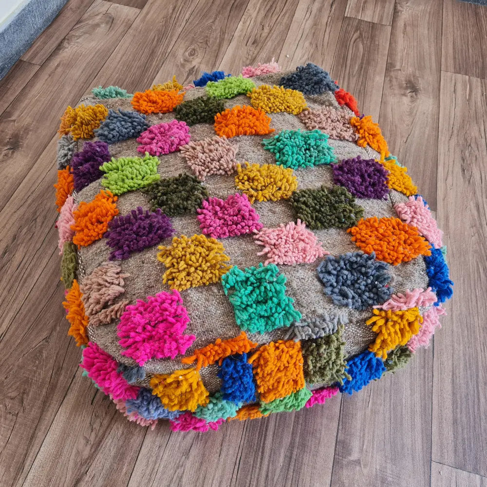 Colorful Moroccan Pom-Pom Pouf – Handmade Wool Floor Cushion