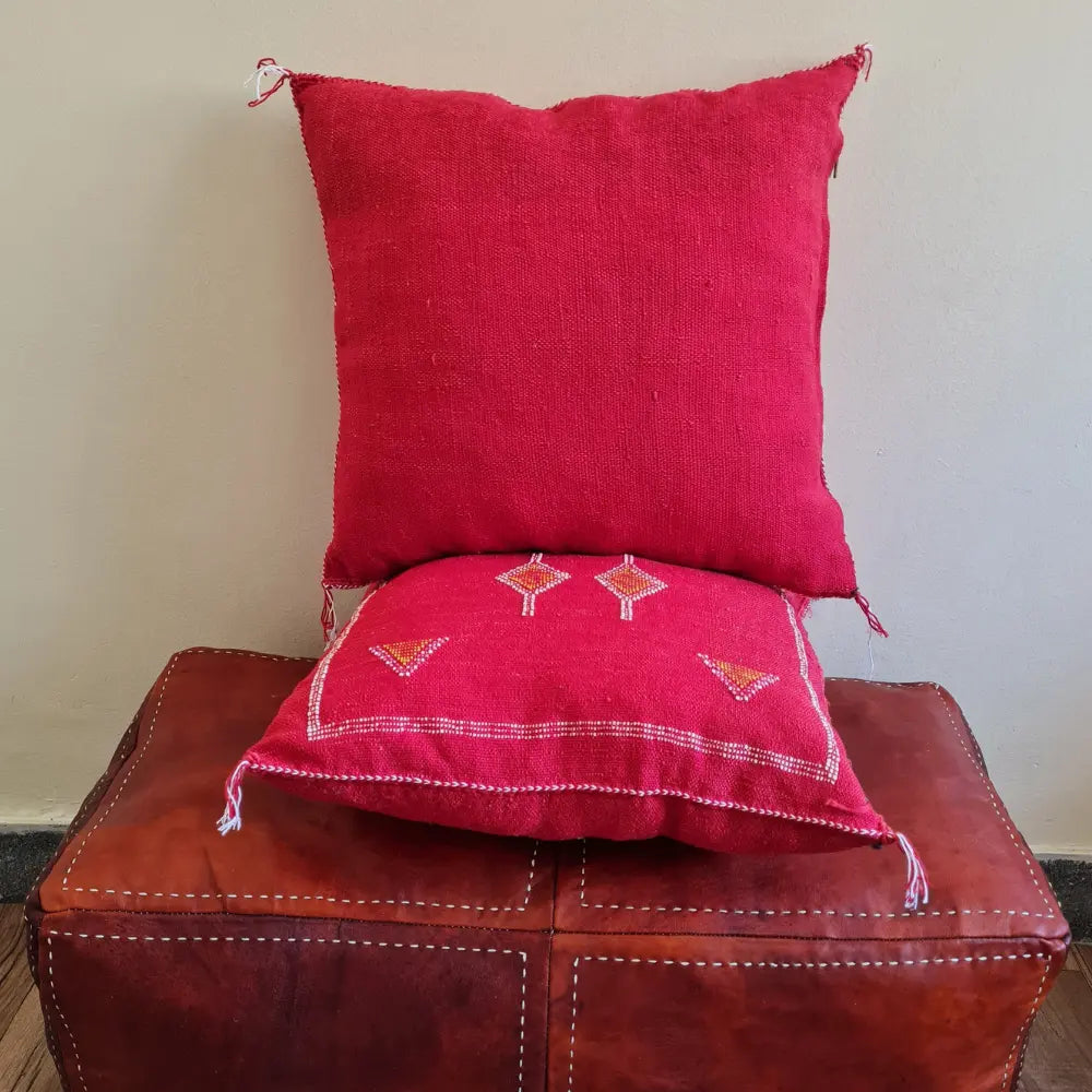 Set of 2 Red Sabra Silk Pillows – Bold Moroccan Cushions with Geometric Motifs - Berber Handcrafts