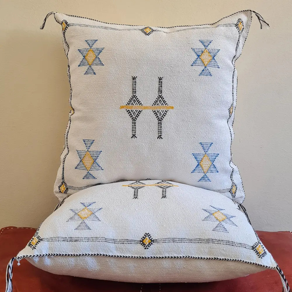 Set of 2 White Sabra Silk Pillows – Clean Moroccan Style with Yellow and Blue Symbols - Berber Handcrafts