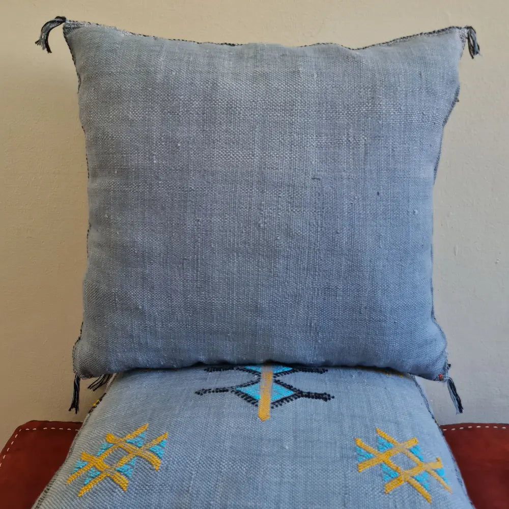 Set of 2 Grey-Blue Sabra Silk Pillows – Cool Moroccan Touch with Yellow and Black Embroidery - Berber Handcrafts