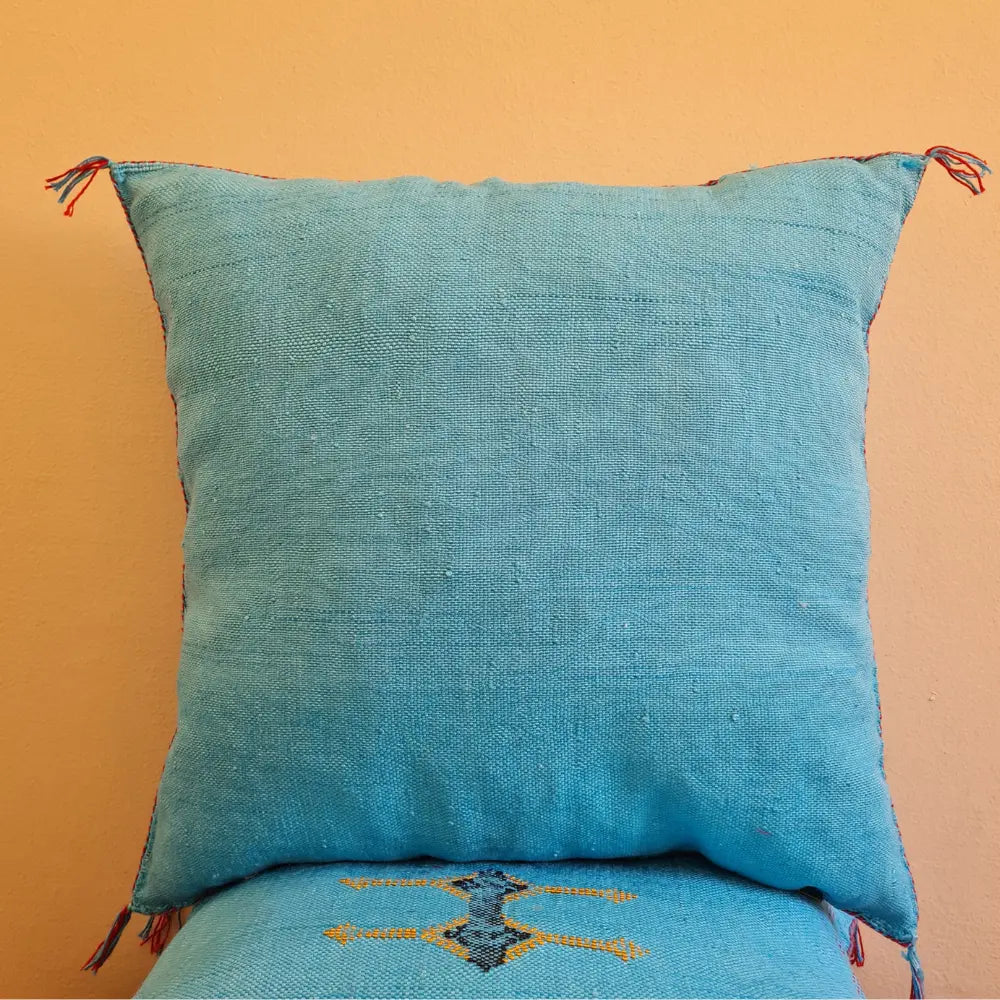 Set of 2 Turquoise Sabra Silk Pillows – Moroccan Handwoven Cushions with Blue Stitch Detailing - Berber Handcrafts