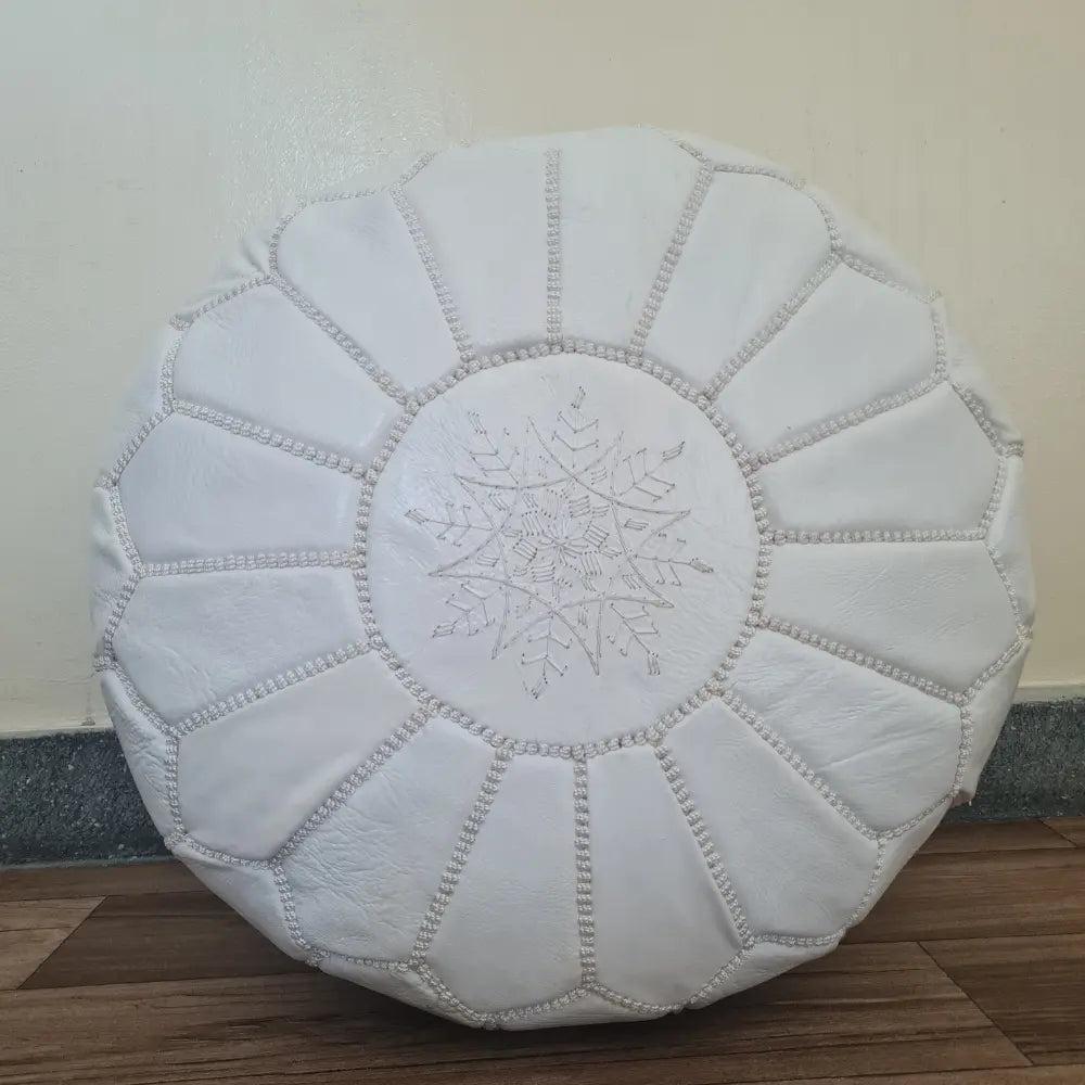White Moroccan Leather Pouf – Clean and Elegant Look