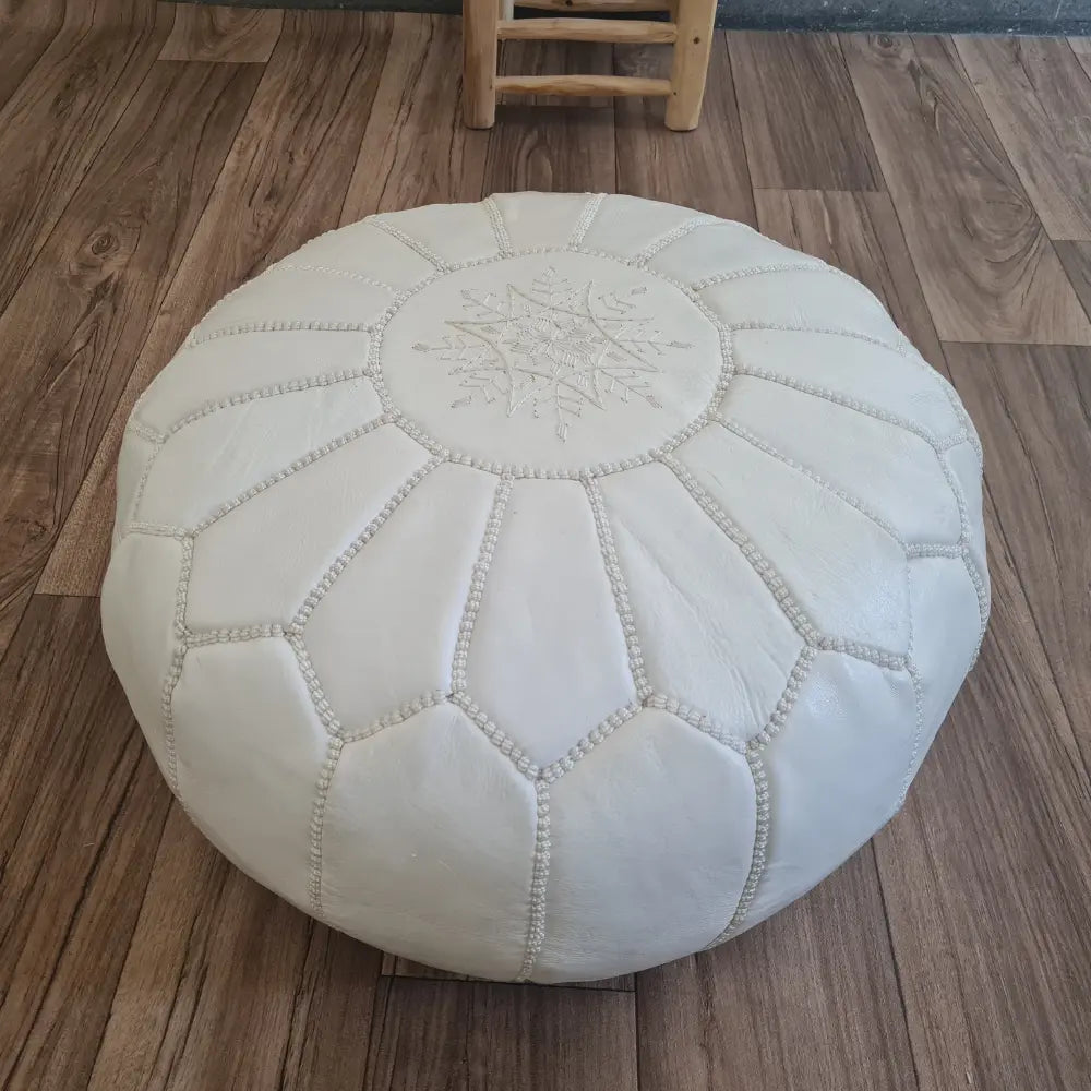 White Moroccan Leather Pouf – Clean and Elegant Look