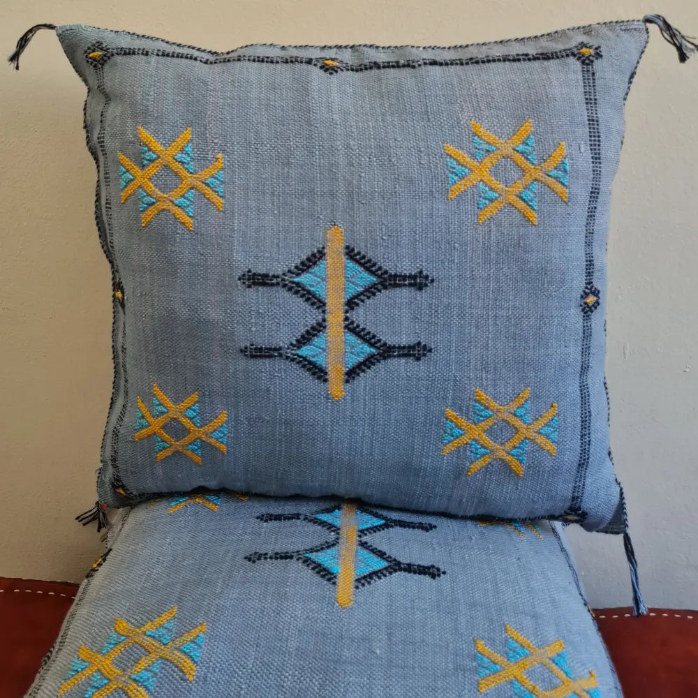 Set of 2 Grey-Blue Sabra Silk Pillows – Cool Moroccan Touch with Yellow and Black Embroidery - Berber Handcrafts