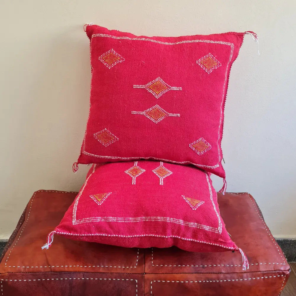 Set of 2 Red Sabra Silk Pillows – Bold Moroccan Cushions with Geometric Motifs - Berber Handcrafts