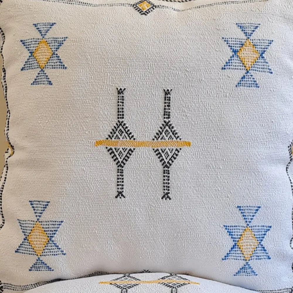Set of 2 White Sabra Silk Pillows – Clean Moroccan Style with Yellow and Blue Symbols - Berber Handcrafts