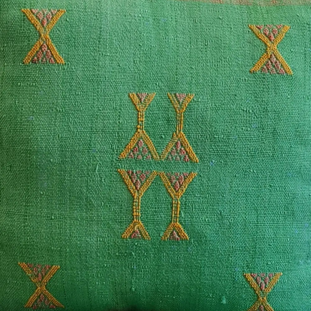 Set of 2 Green Sabra Silk Pillows – Refreshing Moroccan Cushions with Yellow Details - Berber Handcrafts