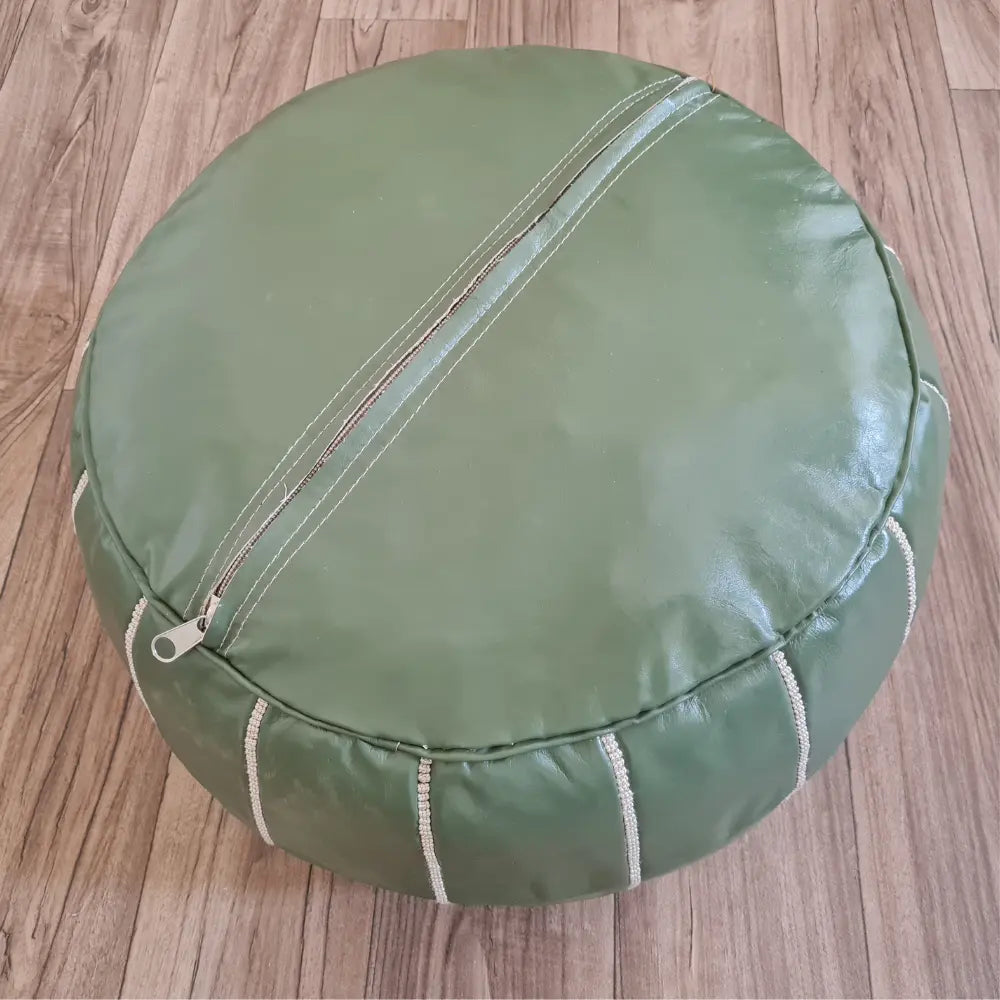 Olive Green Moroccan Leather Pouf – Nature-Inspired Decor