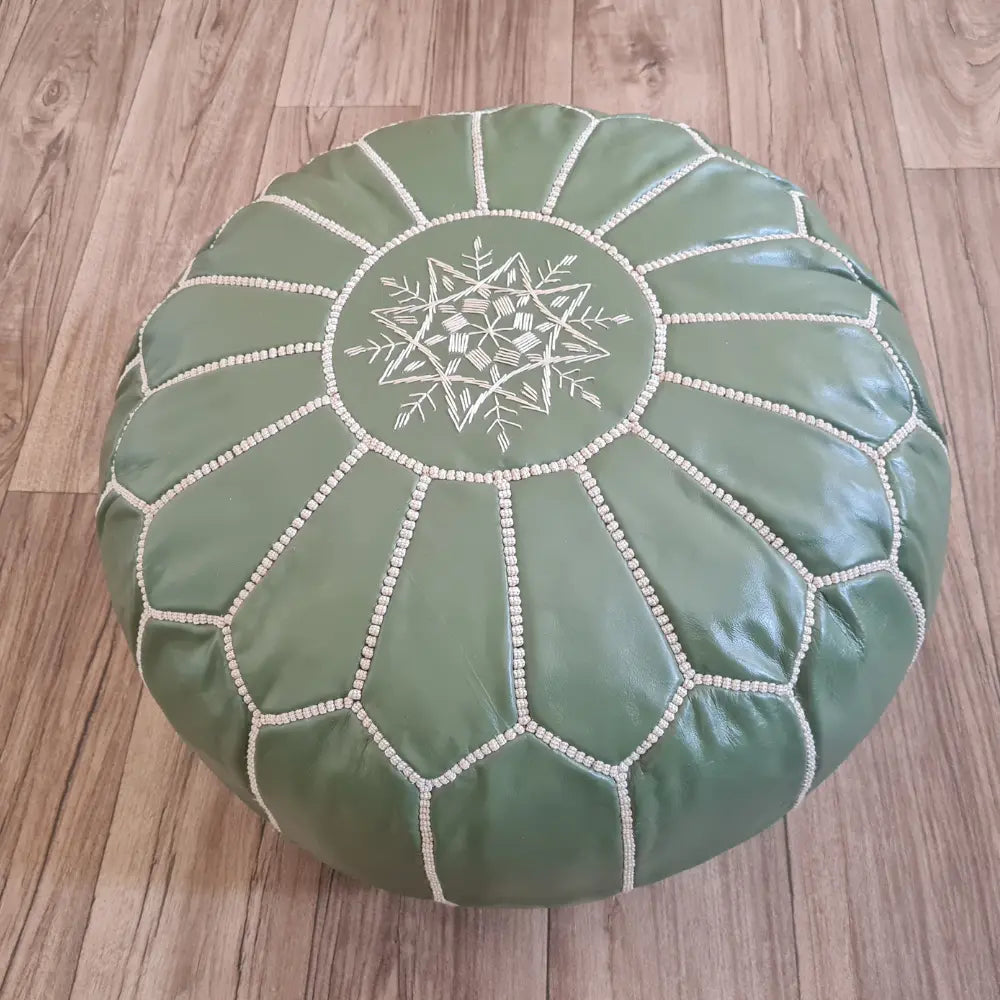 Olive Green Moroccan Leather Pouf – Nature-Inspired Decor