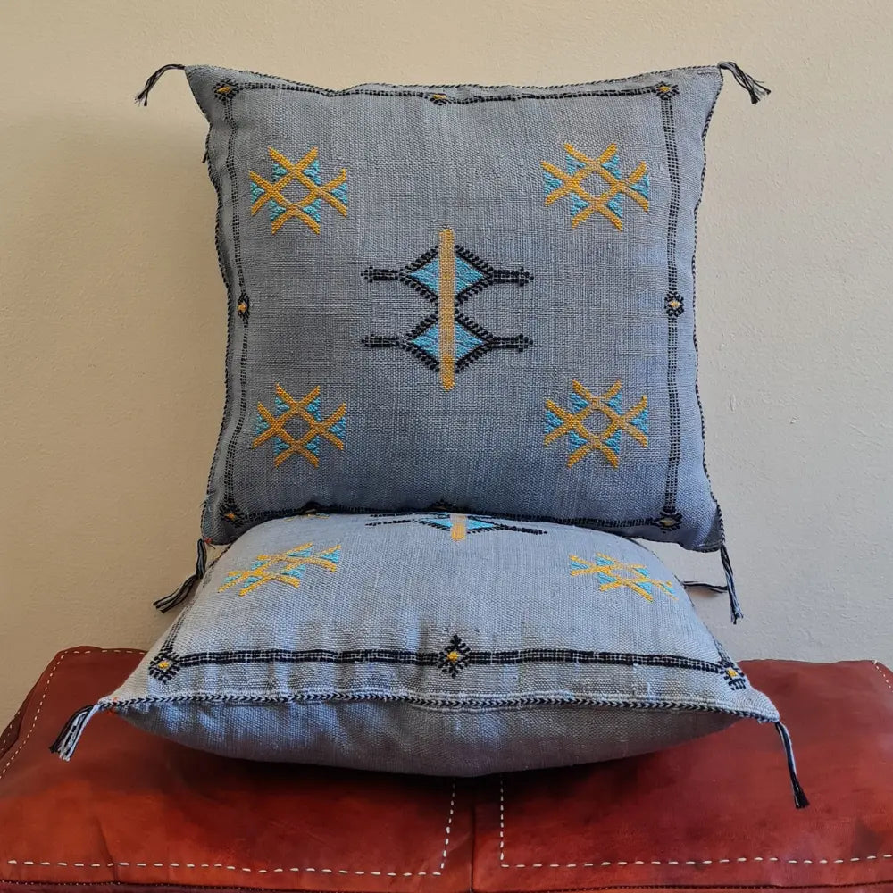 Set of 2 Grey-Blue Sabra Silk Pillows – Cool Moroccan Touch with Yellow and Black Embroidery - Berber Handcrafts