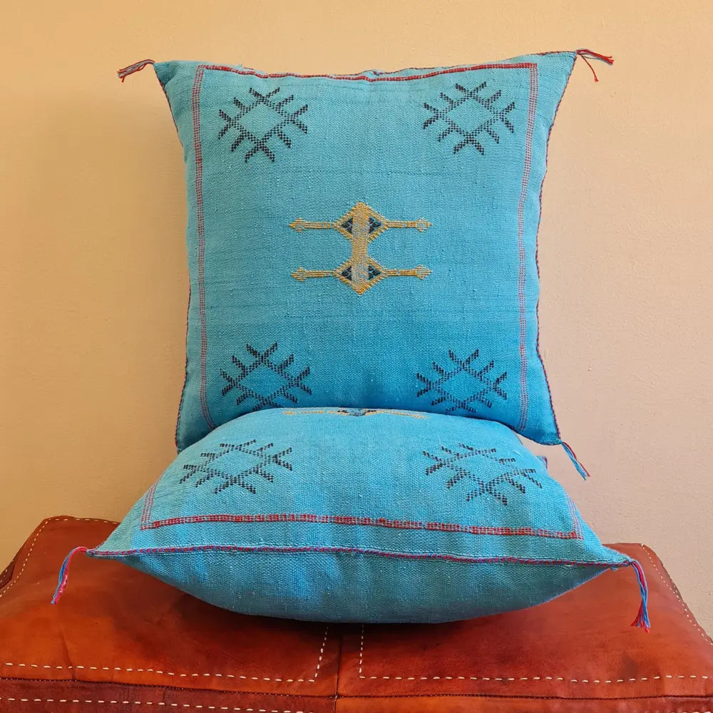Set of 2 Turquoise Sabra Silk Pillows – Moroccan Handwoven Cushions with Blue Stitch Detailing - Berber Handcrafts