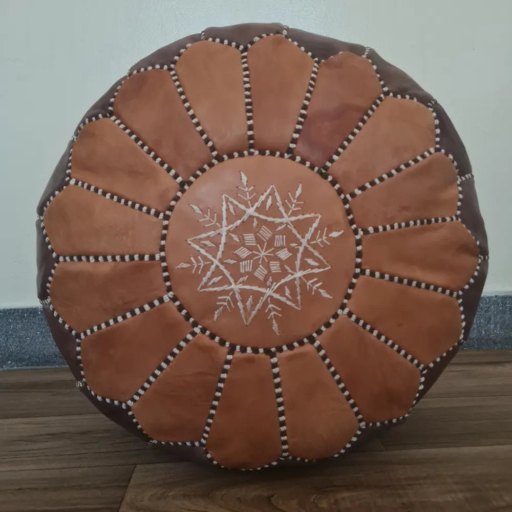 Brown & Tan Moroccan Leather Pouf – Earthy Toned Patchwork