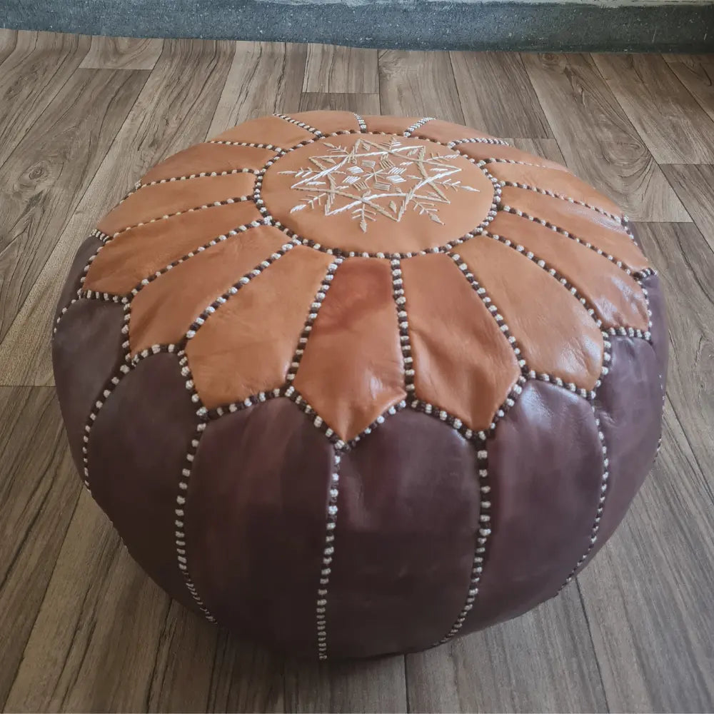 Brown & Tan Moroccan Leather Pouf – Earthy Toned Patchwork