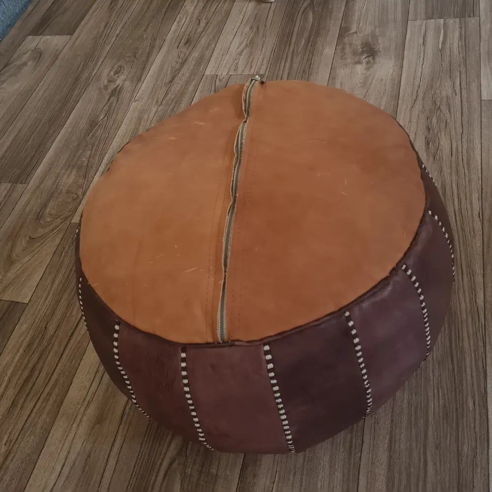 Brown & Tan Moroccan Leather Pouf – Earthy Toned Patchwork