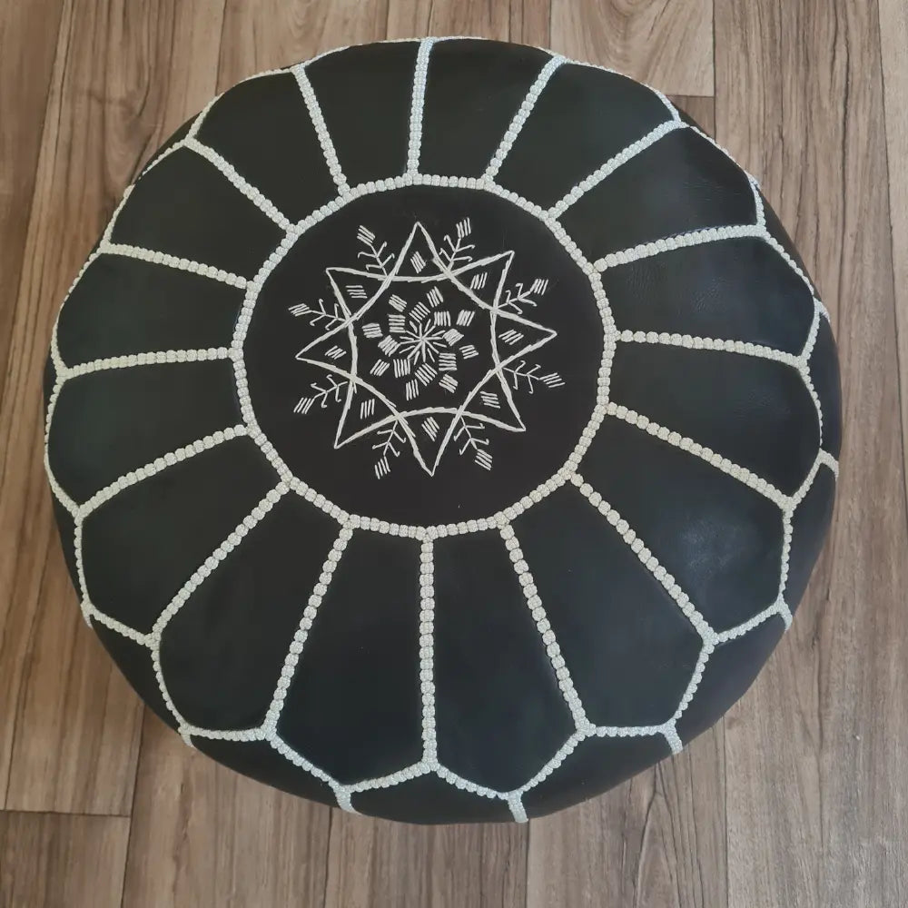 Authentic Moroccan Leather Pouf – Handmade Black Ottoman with White Embroidery