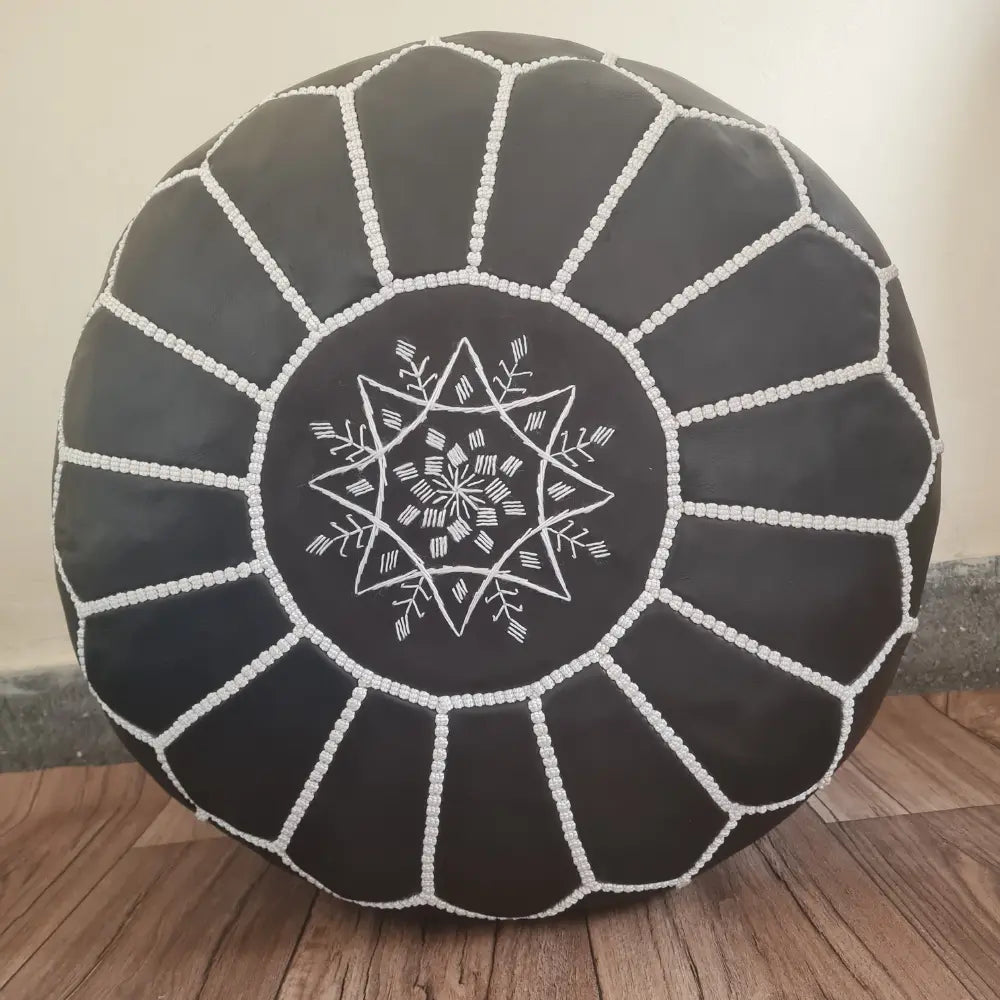 Authentic Moroccan Leather Pouf – Handmade Black Ottoman with White Embroidery