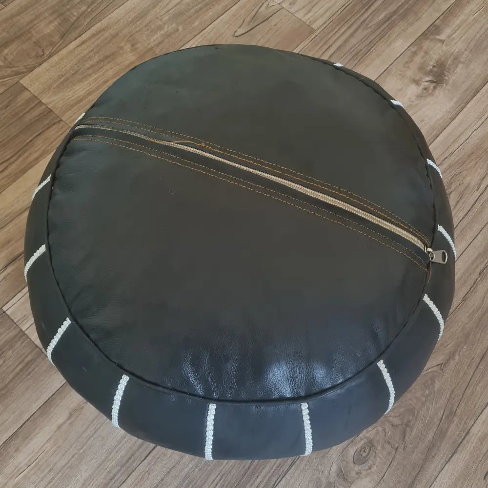 Authentic Moroccan Leather Pouf – Handmade Black Ottoman with White Embroidery