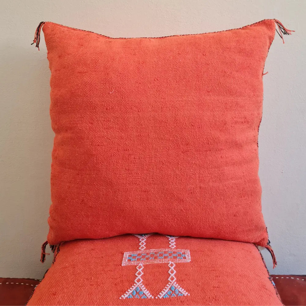 Set of 2 Orange Sabra Silk Pillows – Handmade Moroccan Covers with White Berber Embroidery - Berber Handcrafts