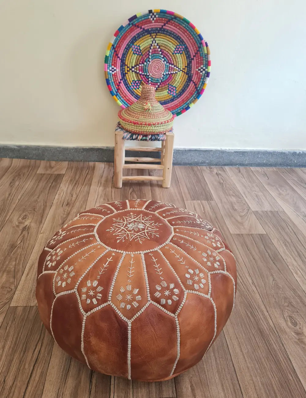 Burnt Orange Moroccan Leather Pouf – Floral Embroidery Accent