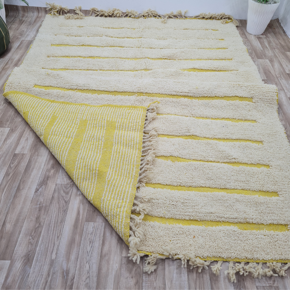 Handwoven Moroccan Rug with Minimalist Yellow Stripes – Beni Ourain Style – Custom Size - Berber Handcrafts