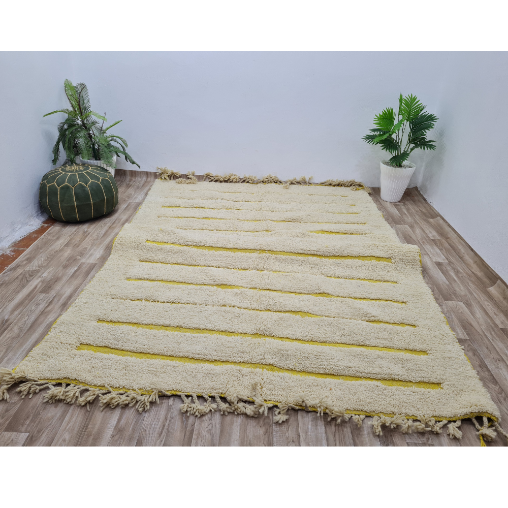 Handwoven Moroccan Rug with Minimalist Yellow Stripes – Beni Ourain Style – Custom Size - Berber Handcrafts
