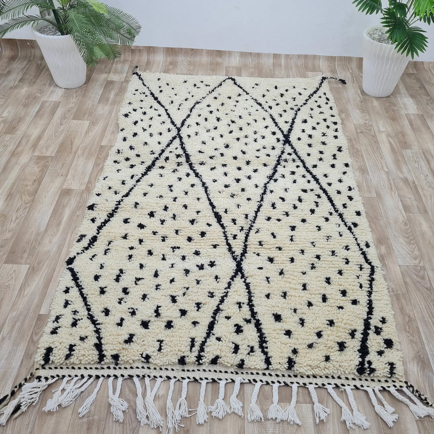 Beni Ourain Moroccan Rug – Ivory Wool with Black Diamond Pattern – Custom Size - Berber Handcrafts