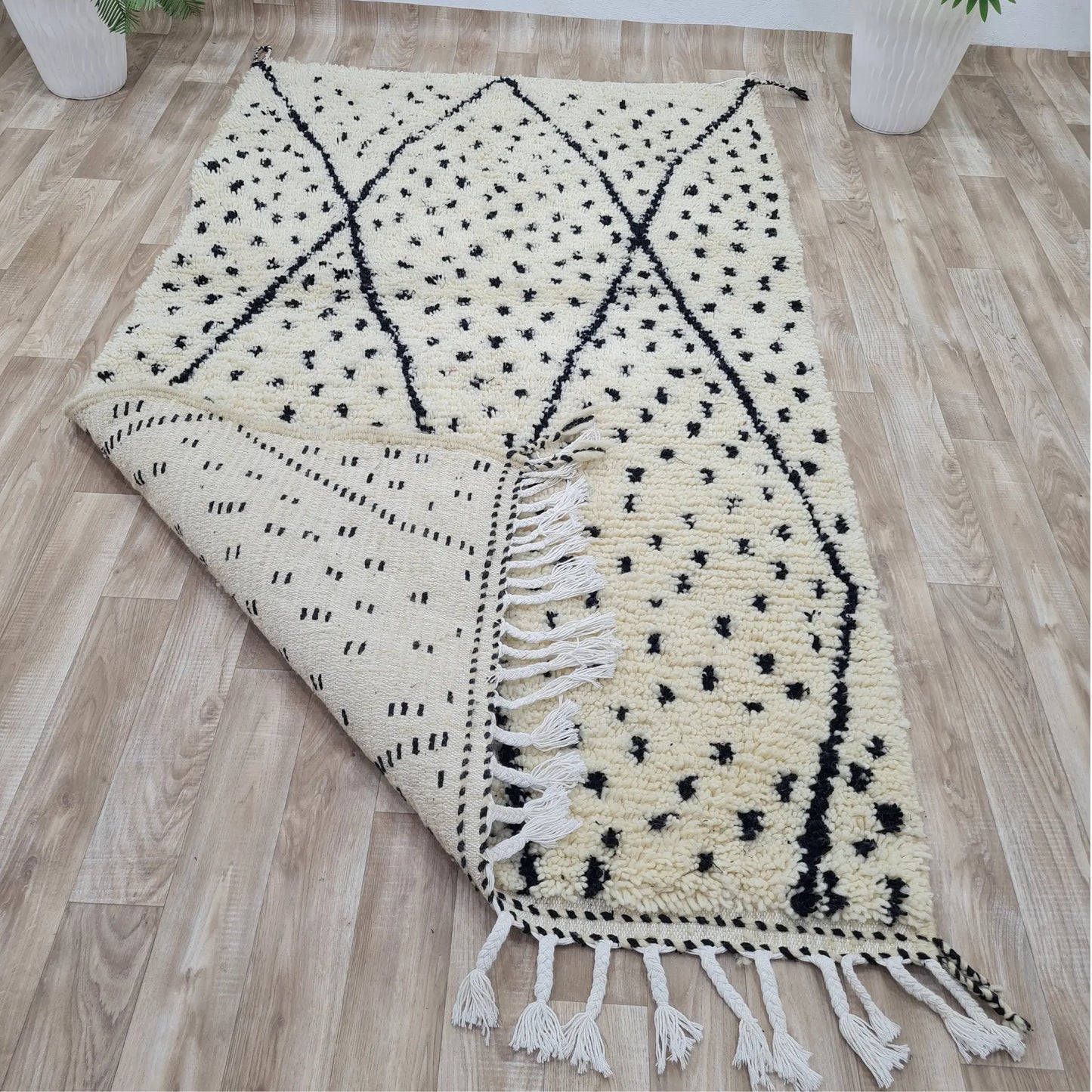 Beni Ourain Moroccan Rug – Ivory Wool with Black Diamond Pattern – Custom Size - Berber Handcrafts