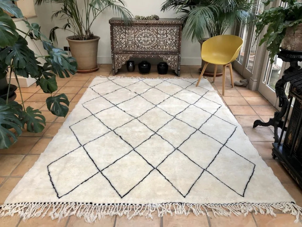 Neutral Beni Ourain Rug – Handmade Wool Moroccan Carpet with Black Diamonds– Custom Size - Berber Handcrafts