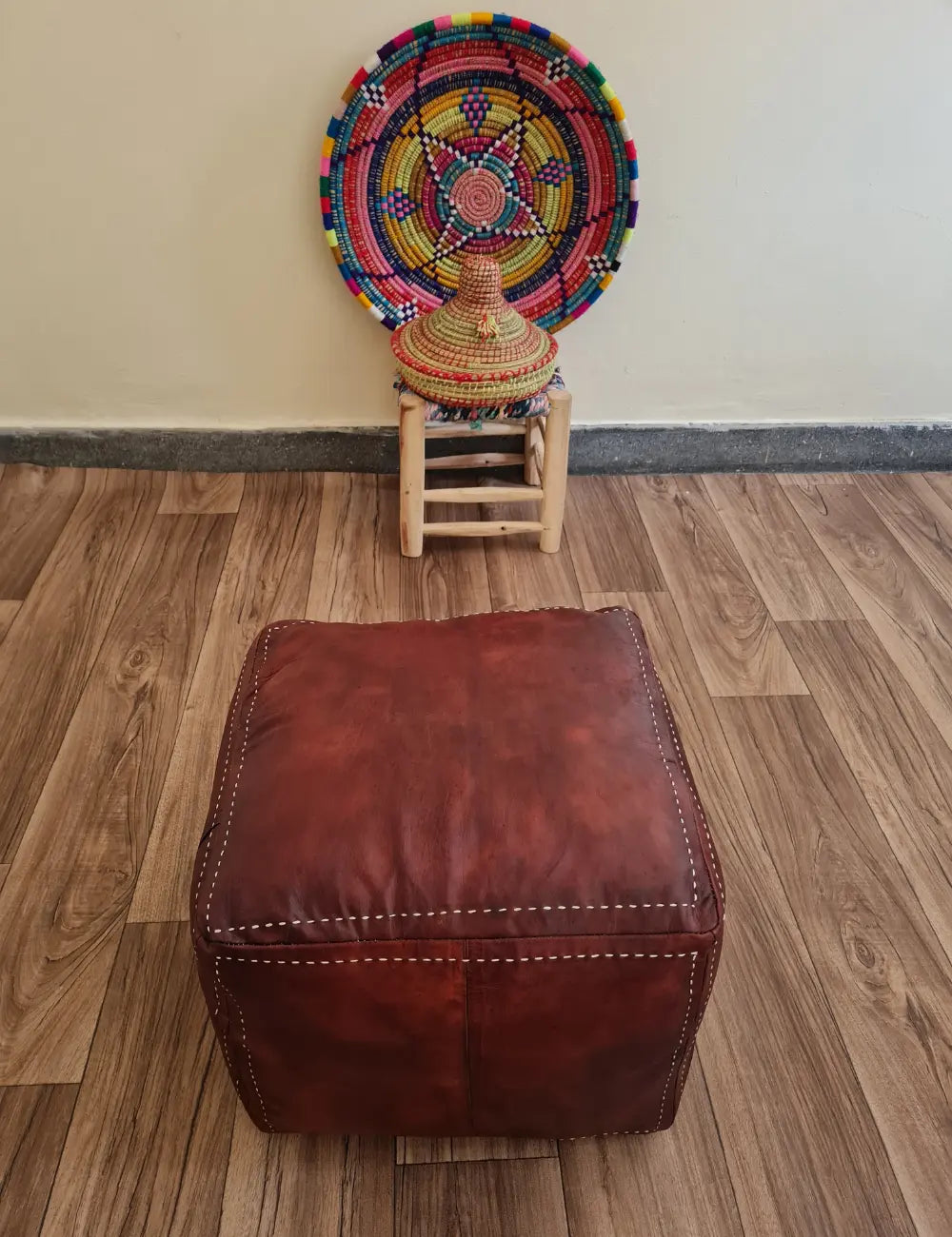 Brown Moroccan Leather Pouf – Minimalist, Earthy & Artisan-Crafted