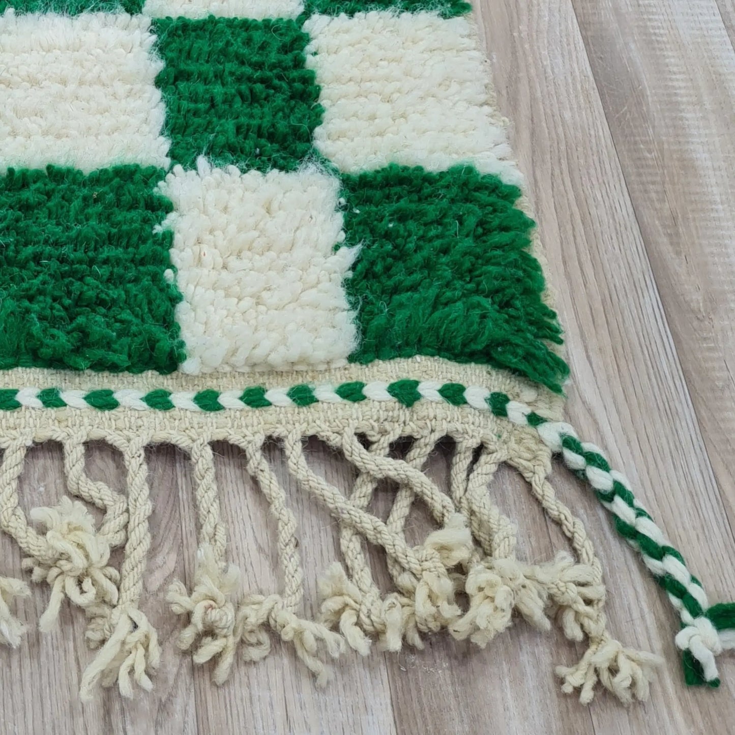 Green and Ivory Checkered Moroccan Rug – Handmade Berber Wool Carpet – Custom Size - Berber Handcrafts
