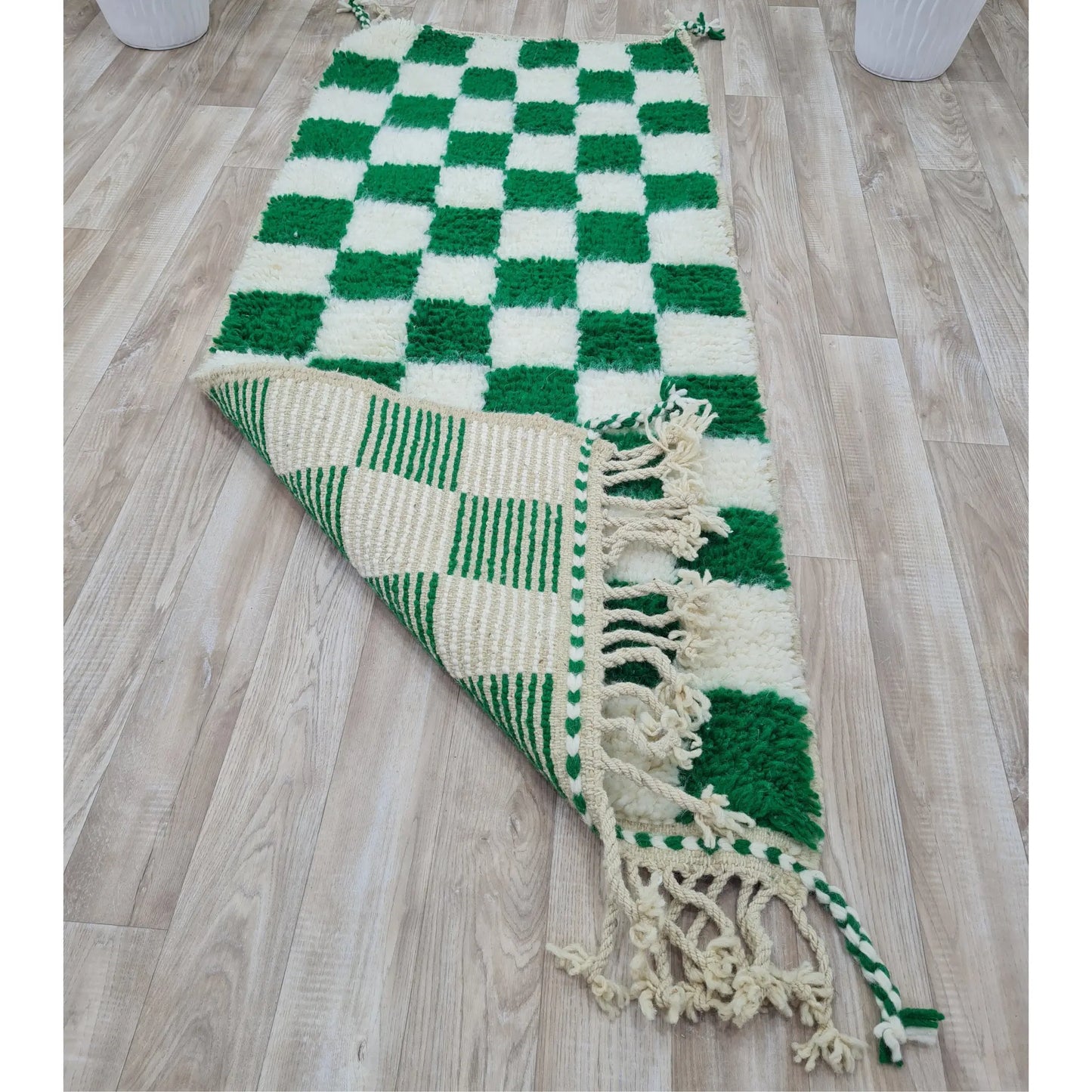 Green and Ivory Checkered Moroccan Rug – Handmade Berber Wool Carpet – Custom Size - Berber Handcrafts
