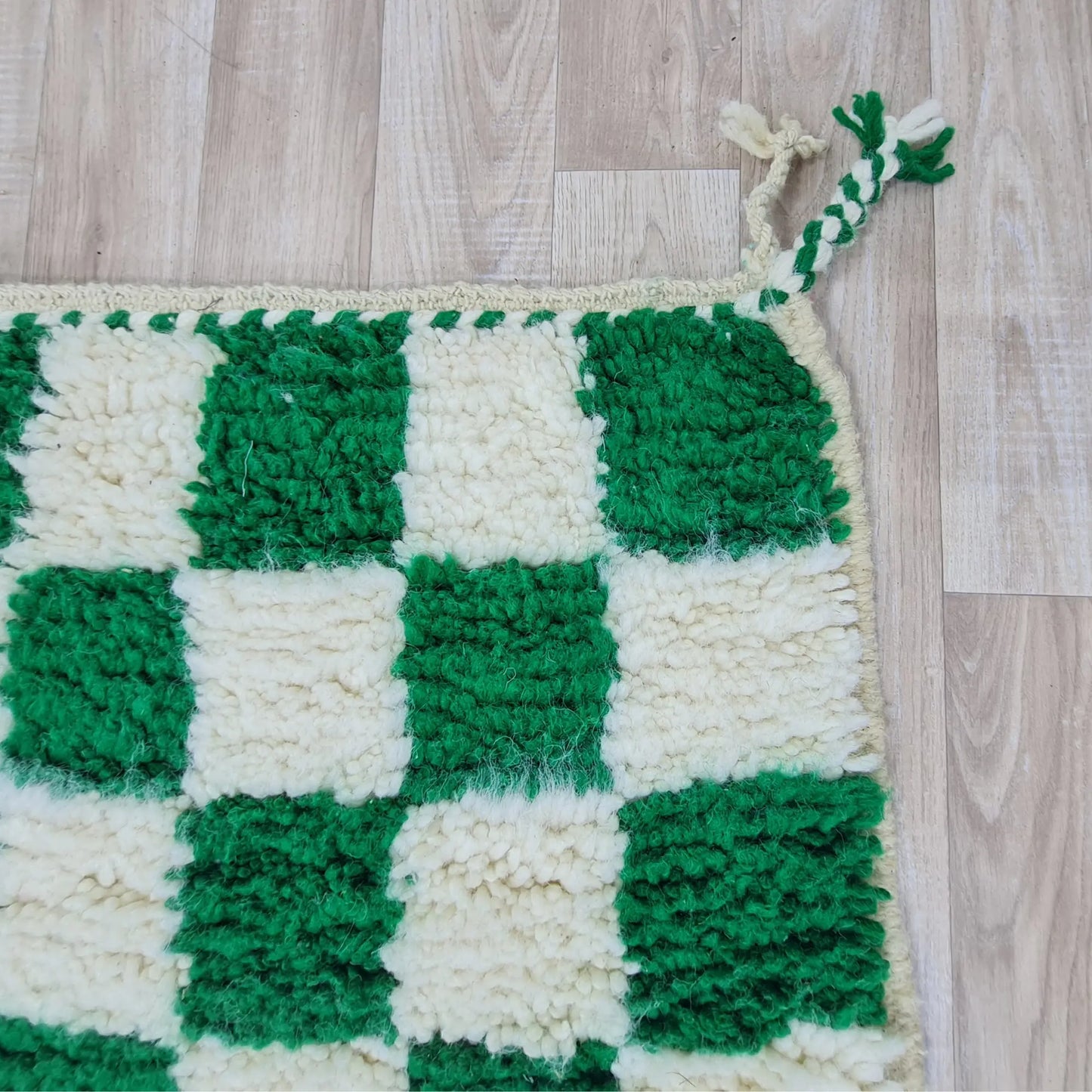 Green and Ivory Checkered Moroccan Rug – Handmade Berber Wool Carpet – Custom Size - Berber Handcrafts