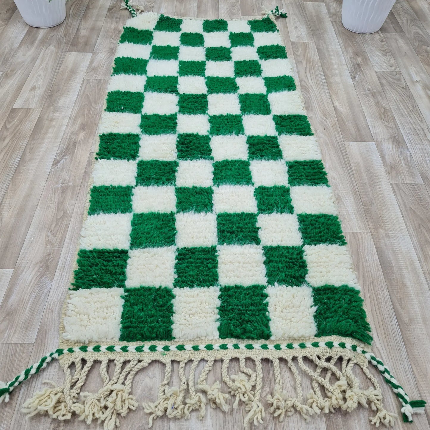 Green and Ivory Checkered Moroccan Rug – Handmade Berber Wool Carpet – Custom Size - Berber Handcrafts