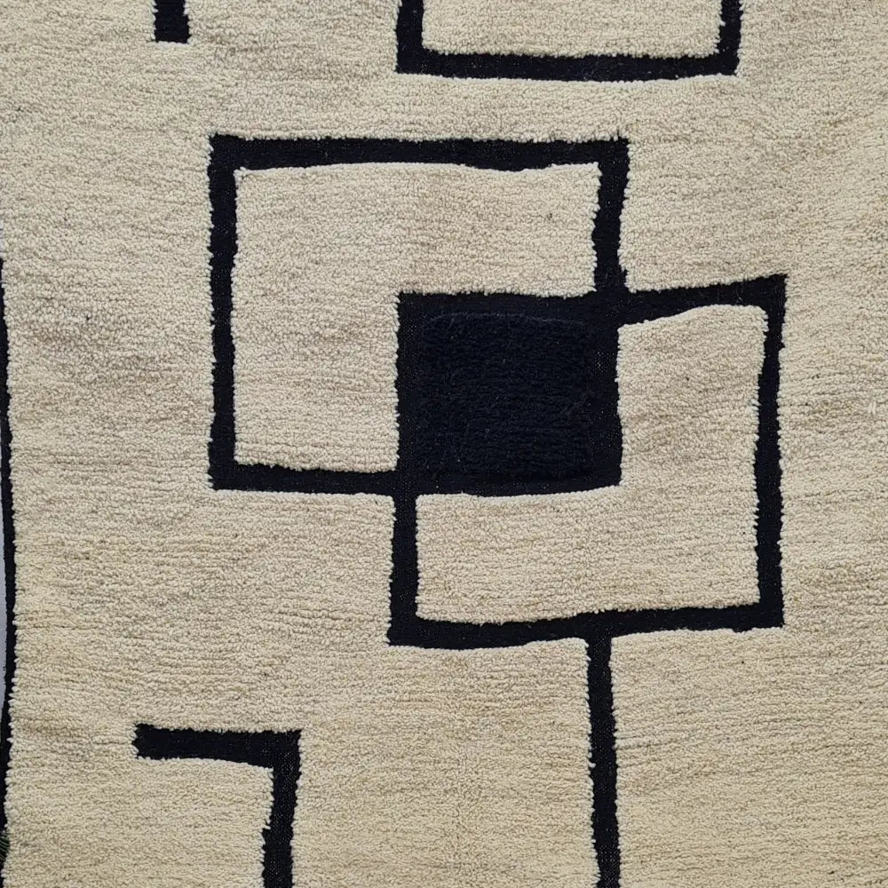 Modern Abstract Moroccan Rug – Beni Ourain Wool Carpet with Black Geometric Design- Custom Size - Berber Handcrafts