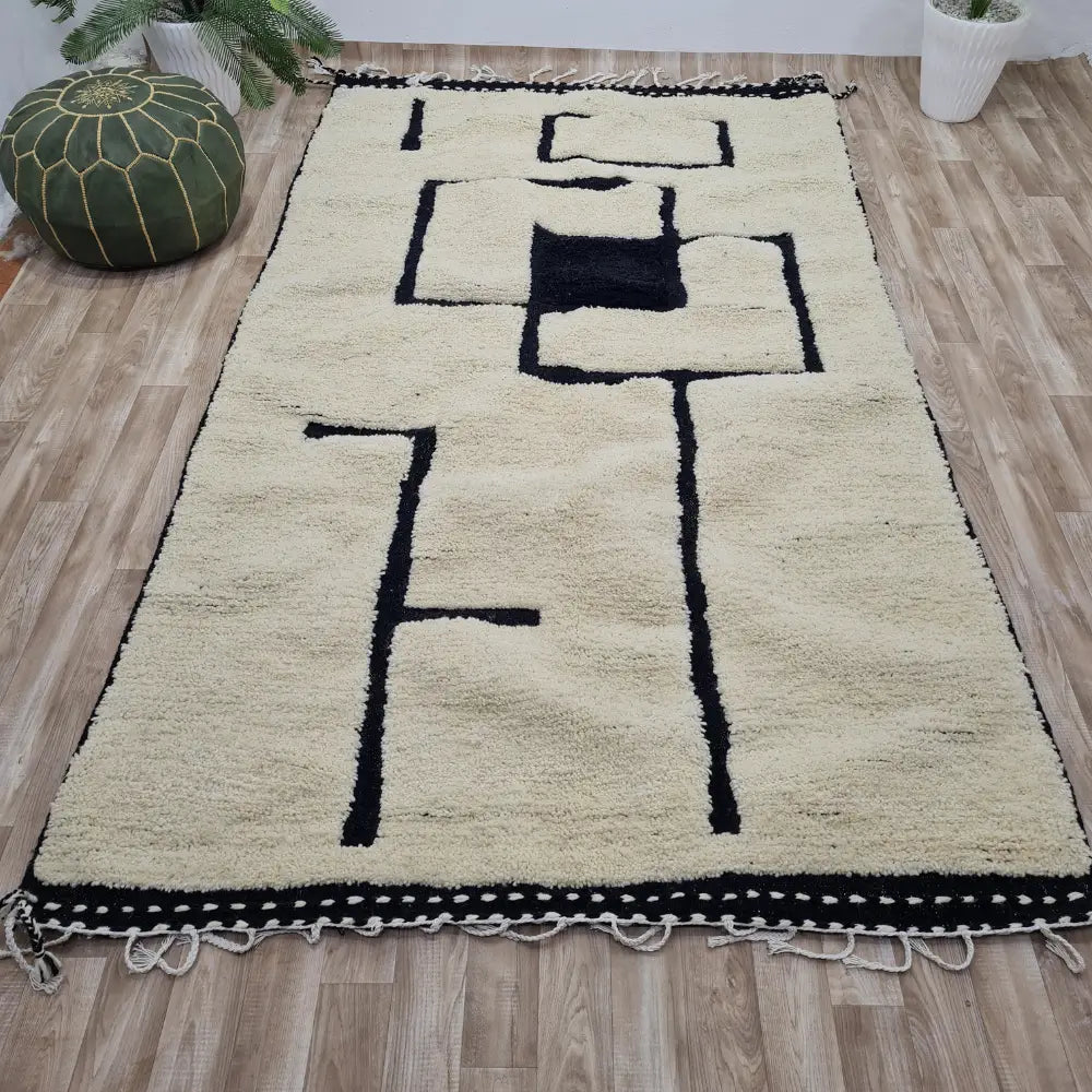 Modern Abstract Moroccan Rug – Beni Ourain Wool Carpet with Black Geometric Design- Custom Size - Berber Handcrafts