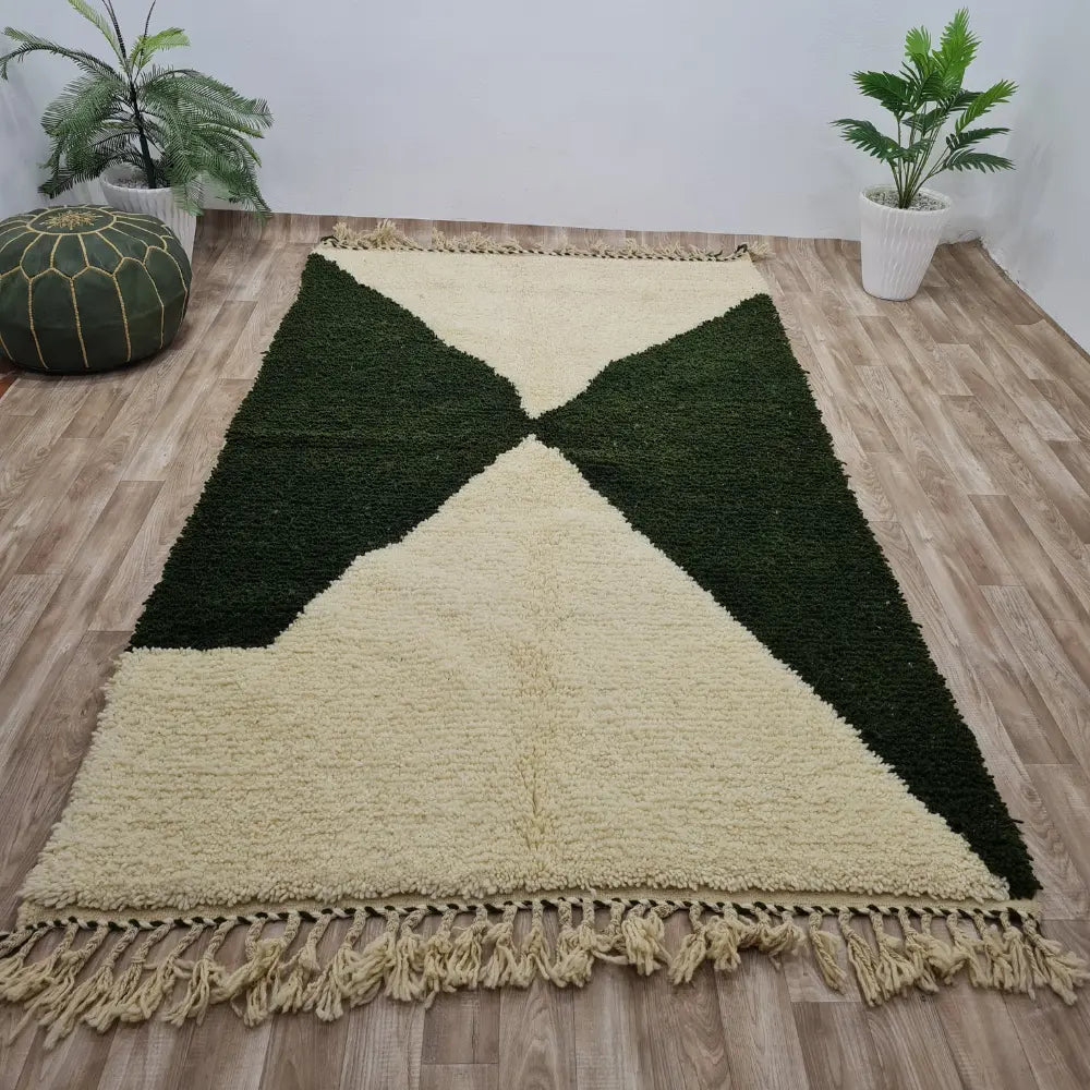 Minimalist Beni Ourain Rug – Green & Cream Wool Moroccan Carpet- Custom Size - Berber Handcrafts